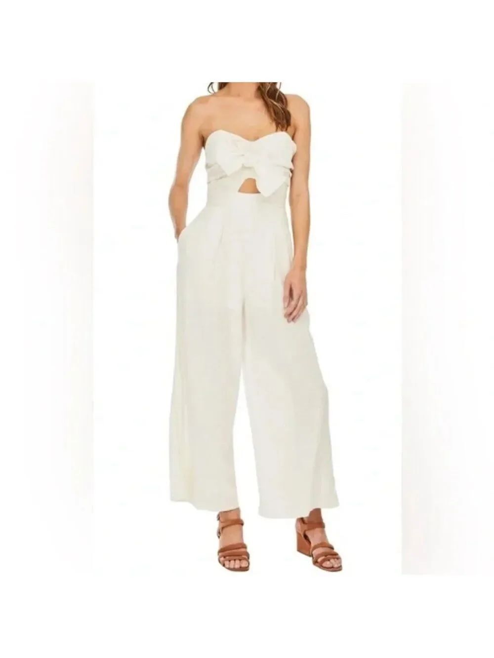 ASTR The Label Mara Strapless Tie Front Linen Jumpsuit XS